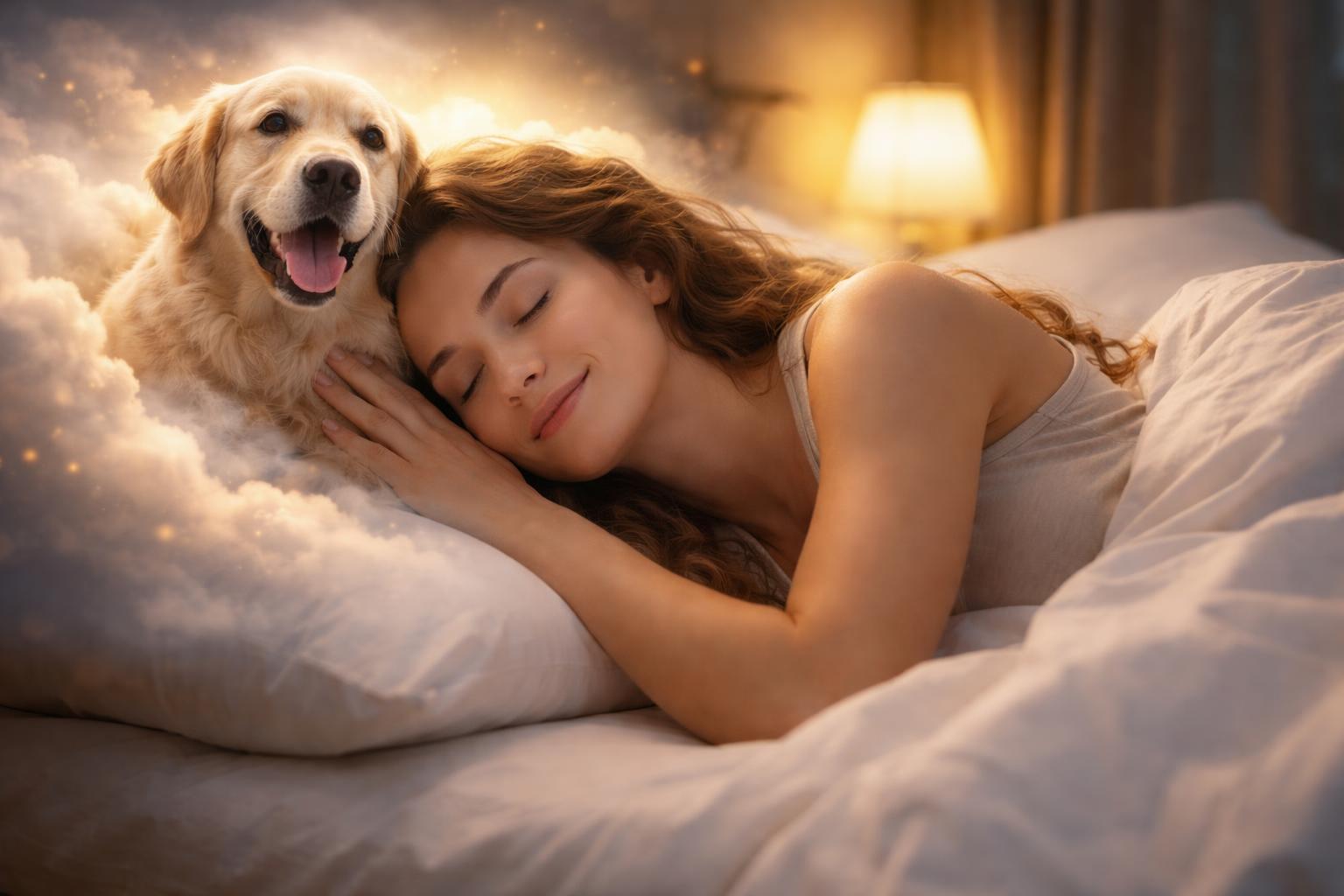 Femeie visând lângă câine, simbolizând loialitate și prietenie.