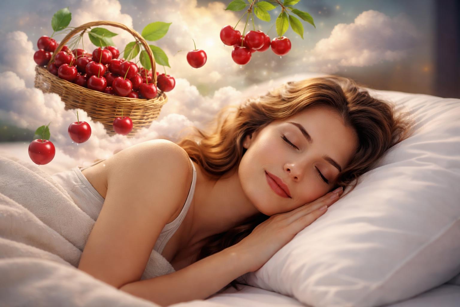 Femeie visând la cireșe într-un peisaj de vis