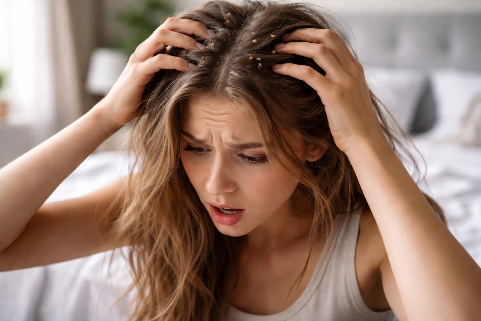 Femeie îngrijorată care își verifică părul pentru păduchi
