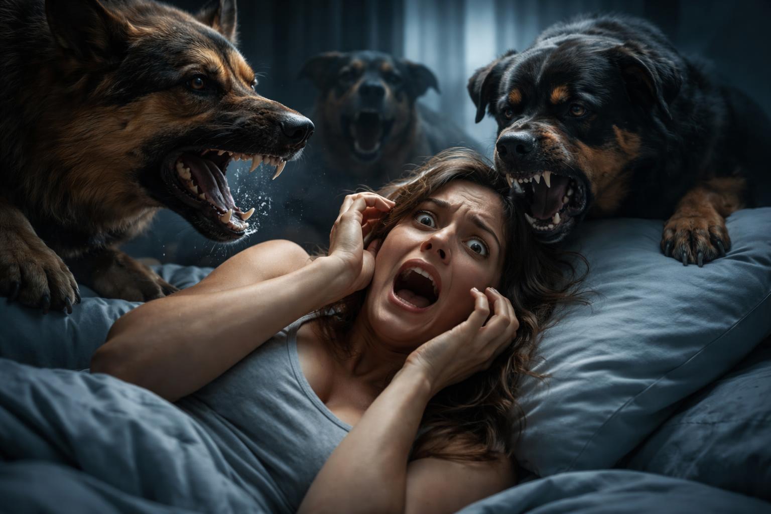 Femeie speriată de câini agresivi în vis