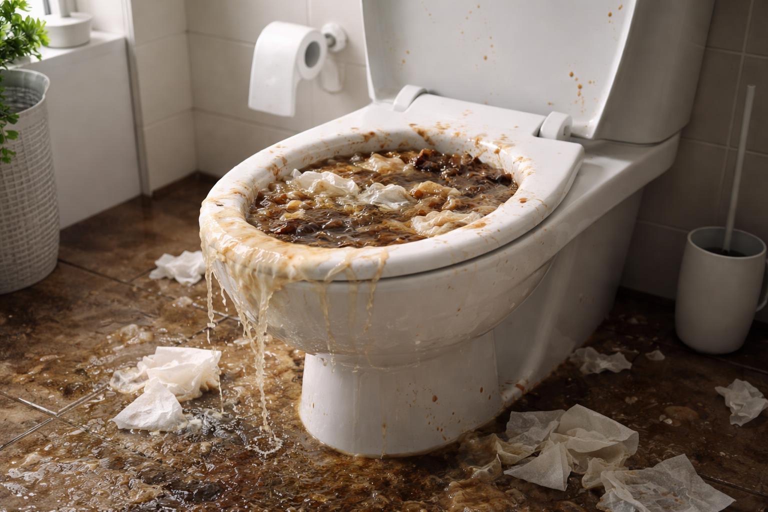 WC plin de resturi și apă, simbolizând acumularea emoțiilor