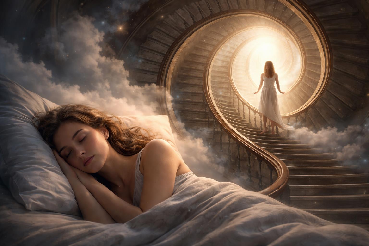 Tânără care visează o scară în spirală simbolizând evoluția interioară.