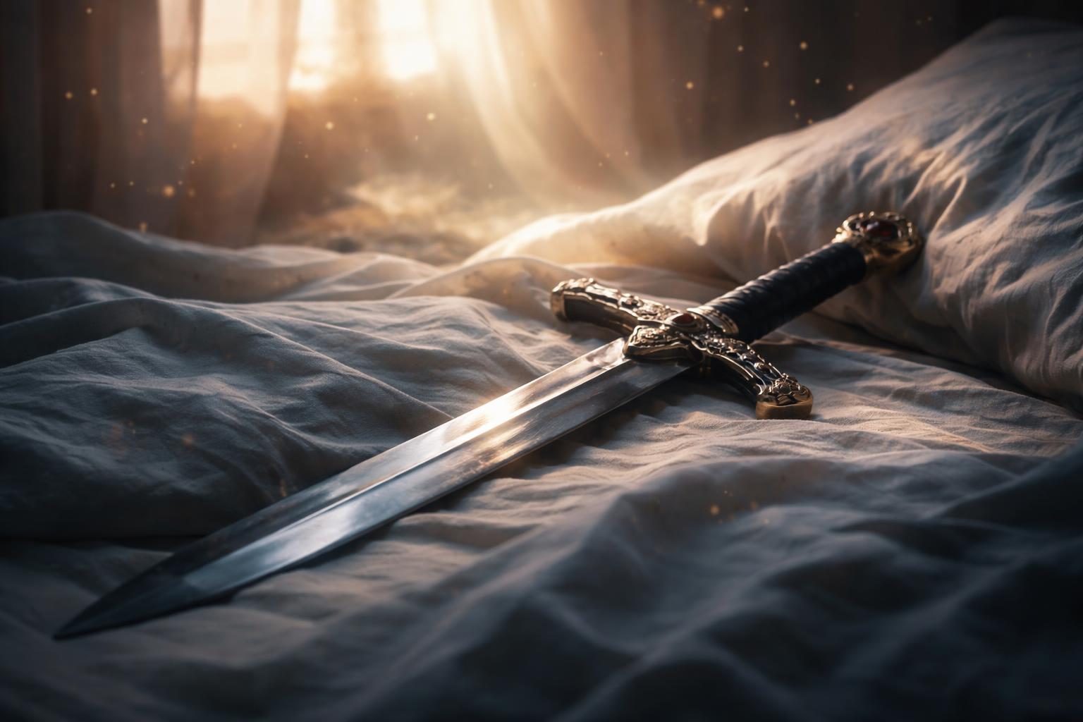 Sabie așezată pe o lenjerie albă în lumina dimineții