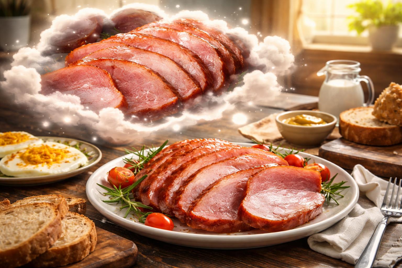 Plating de șuncă cu roșii cherry și ierburi pe o masă rustică.