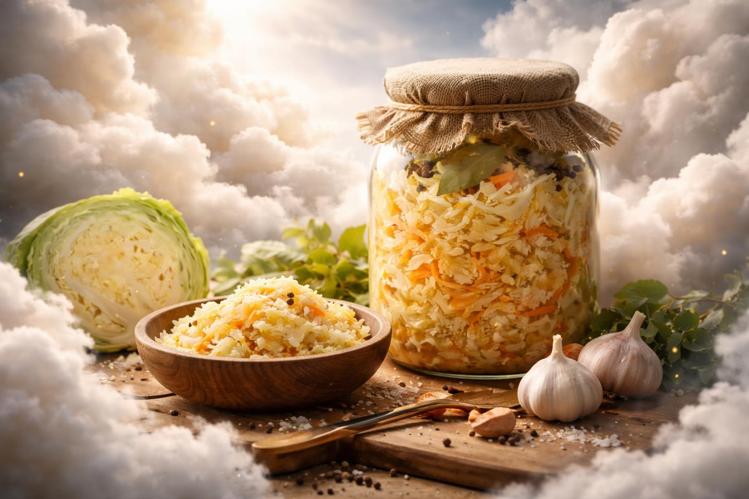 Varză murată în borcan alături de usturoi și legume proaspete