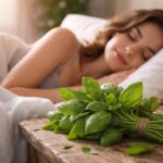 Femeie care doarme lângă un buchete de busuioc și lumânări.