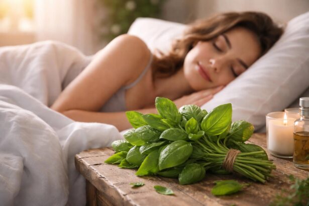 Femeie care doarme lângă un buchete de busuioc și lumânări.