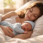 Mamă care ține în brațe un băiat nou-născut în pat