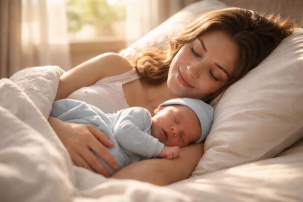 Mamă care ține în brațe un băiat nou-născut în pat