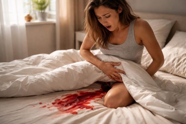 Femeie îngrijorată pe pat, cu hemoragie vizibilă