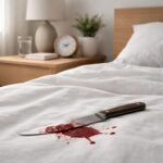 Cuțit cu sânge pe pat, simbolizând teme de transformare în vise.