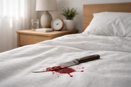 Cuțit cu sânge pe pat, simbolizând teme de transformare în vise.