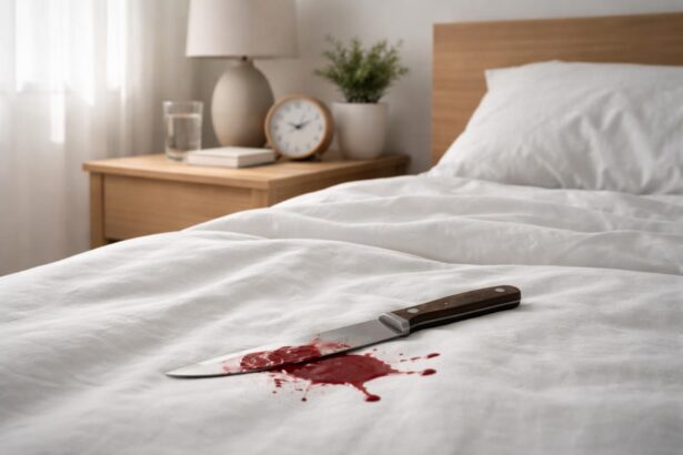 Cuțit cu sânge pe pat, simbolizând teme de transformare în vise.