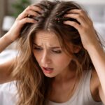 Femeie îngrijorată care își verifică părul pentru păduchi