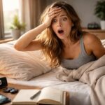 Femeie uimită în pat, simțind că a uitat ceva important.