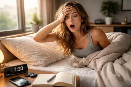 Femeie uimită în pat, simțind că a uitat ceva important.