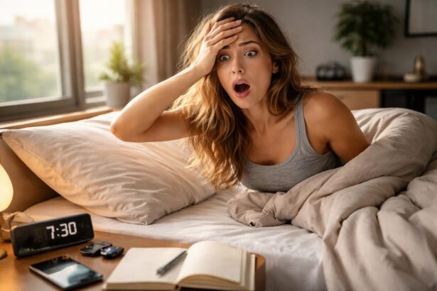 Femeie uimită în pat, simțind că a uitat ceva important.