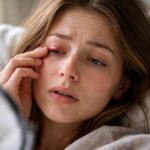 Femeie cu ulcior la ochi, reflectând la starea sa emoțională.