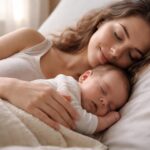 Mama care își îmbrățișează bebelușul în timpul somnului