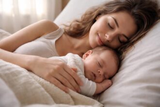 Mama care își îmbrățișează bebelușul în timpul somnului