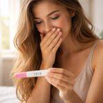 Femeie surprinsă privind un test de sarcină pozitiv.