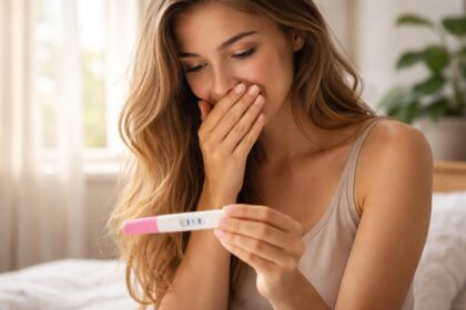 Femeie surprinsă privind un test de sarcină pozitiv.