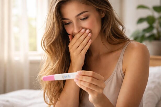 Femeie surprinsă privind un test de sarcină pozitiv.