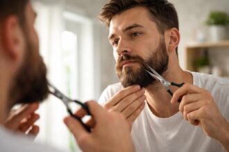 Bărbat tăind barba în oglindă, simbolizând schimbare