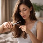 Femeie tăind părul în vis, simbolizând schimbare