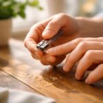 Persoană tăind unghiile cu un instrument de manichiură