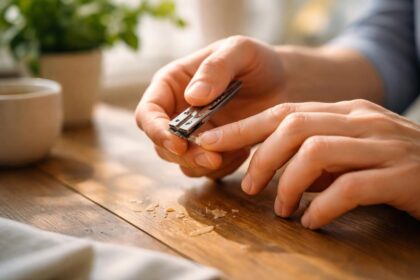 Persoană tăind unghiile cu un instrument de manichiură