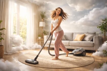 Femeie care dă cu aspiratorul în living plin de lumină