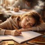 Tânără obosită în timpul unui test, reflectând pe teme de vis