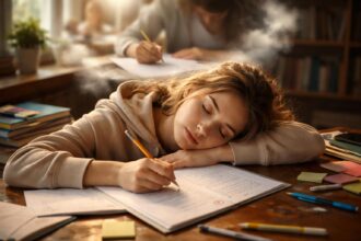 Tânără obosită în timpul unui test, reflectând pe teme de vis