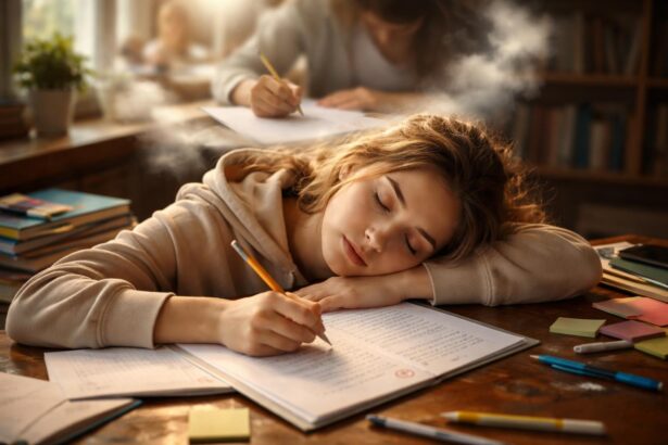 Tânără obosită în timpul unui test, reflectând pe teme de vis