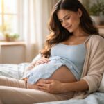 Femeie gravidă cu băiat zâmbind în timp ce își mângâie burtica