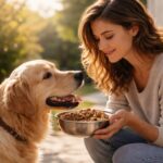 Femeie hrănind un câine în grădină, simbolizând loialitate și grijă