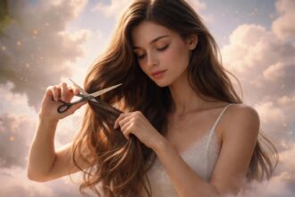 Fată tăiându-și părul, simbolizând schimbarea și eliberarea