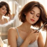 Femeie tăind părul scurt în oglindă, simbolizând schimbare și eliberare