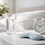 Un pahar cu apă pe o măsuță de noapte lângă un ceas și o mască pentru ochi