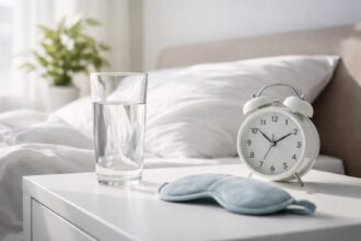 Un pahar cu apă pe o măsuță de noapte lângă un ceas și o mască pentru ochi