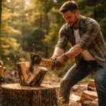 Bărbat tăind lemne cu toporul în pădure, simbolizând efort și disciplină