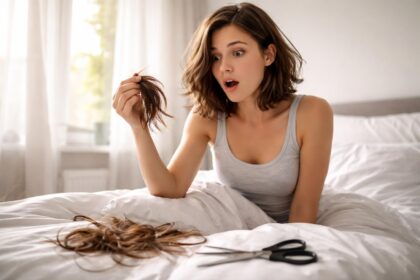 Femeie surprinsă privind părul tăiat dintr-un vis