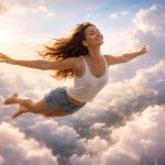 Femeie zburând printre nori, simbolizând libertatea și încrederea în sine.