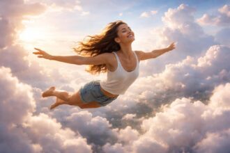 Femeie zburând printre nori, simbolizând libertatea și încrederea în sine.