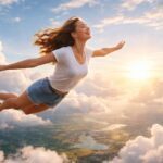 Femeie zburând printre nori la apus, simbolizând libertatea și încrederea în sine