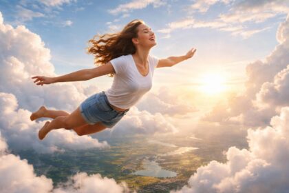 Femeie zburând printre nori la apus, simbolizând libertatea și încrederea în sine