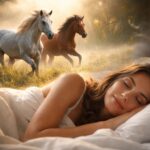 Femeie care doarme în timp ce visează cai în natură