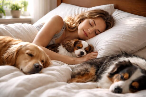 Femeie care doarme alături de câini în pat, simbolizând loialitate și siguranță.