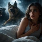 Femeie speriată visând câini agresivi în întuneric.